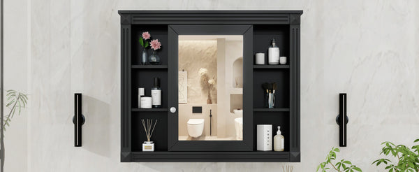 English Elm 35'' Modern Wall Medicine Cabinet with Mirror, Black MDF Storage, Soft-Close Hinges, Towel Rod, Adjustable Shelves N710P197128B