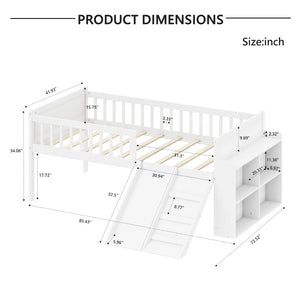 English Elm Twin Platform Kids Bed with Slide Ladder Guardrails Storage Shelf Wood Frame White N733S415411K