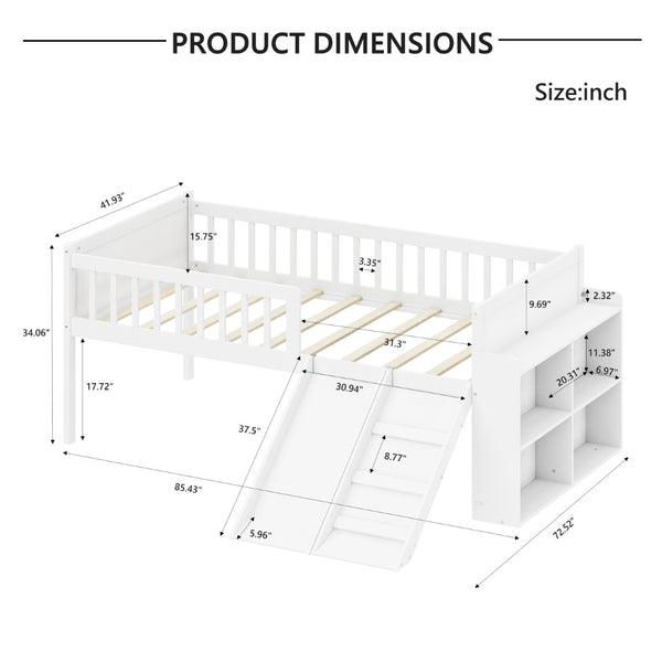 English Elm Twin Platform Kids Bed with Slide Ladder Guardrails Storage Shelf Wood Frame White N733S415411K