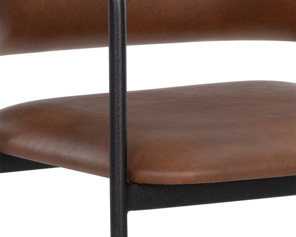 Sunpan Brenan Counter Stool - Elegant Curved Backrest, Unique Faux Leather, Black Metal Frame & Brass Caps Bravo Cognac