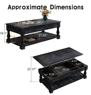 English Elm Farmhouse Lift Top Coffee Table Solid Wood Two Tier Hidden Storage Living Room W1445P412360