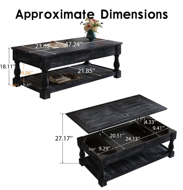 English Elm Farmhouse Lift Top Coffee Table Solid Wood Two Tier Hidden Storage Living Room W1445P412360