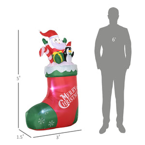 English Elm Outsunny 5Ft Inflatable Christmas Decoration With Santa & Penguin In Sock, Led Lights For Yard Fun W2225P229120-GIGA