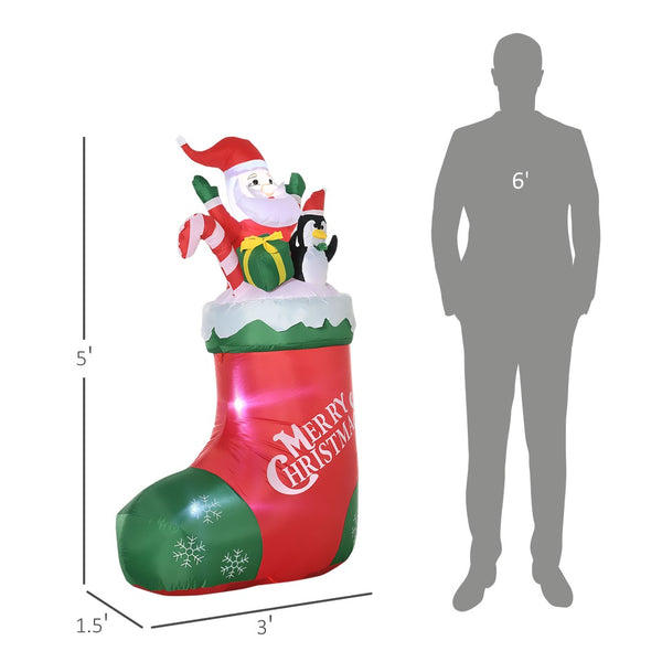 English Elm Outsunny 5Ft Inflatable Christmas Decoration With Santa & Penguin In Sock, Led Lights For Yard Fun W2225P229120-GIGA