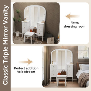 English Elm Antique Glam Vanity Desk with Triple Mirror, Stool & 6 Drawers, Full‑Length Mirror, White Elegance N844P285297A