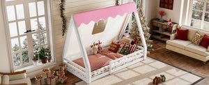 English Elm Twin Montessori Floor Bed Solid Pine Teepee Frame with Guardrails and Canopy Light W1580P369465