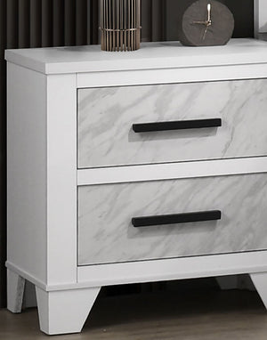 English Elm White Contemporary Nightstand with Faux Marble Inset, Black Bar Pulls, Metal Glide, 23"W x15"D x24"H B2741P406264