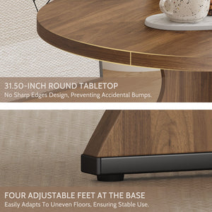 English Elm 31.5 Inch Round Farmhouse Dining Table Wave Pedestal Veneer Top Seats Two Walnut T5618P448232