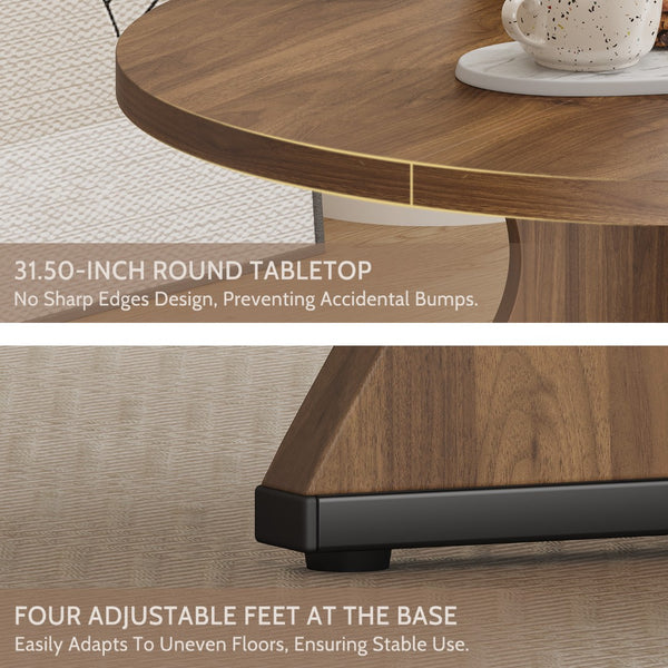 English Elm 31.5 Inch Round Farmhouse Dining Table Wave Pedestal Veneer Top Seats Two Walnut T5618P448232