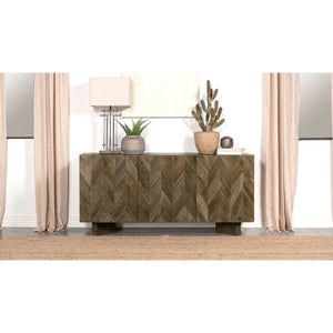 English Elm Roman Mango Brown Chevron 3-Door Server with Ornate Bracket Feet, Adjustable Shelves & Rustic Charm B062P358298
