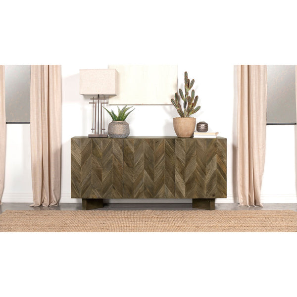 English Elm Roman Mango Brown Chevron 3-Door Server with Ornate Bracket Feet, Adjustable Shelves & Rustic Charm B062P358298