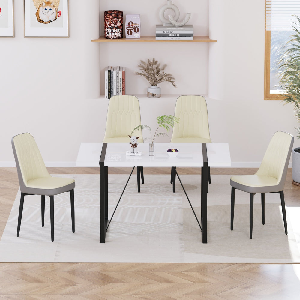 English Elm 55 Modern 4-Person MDF Dining Table Set with Sturdy Black Metal Legs and Padded PU Chairs for Families Beige+Grey,White W2189S00732