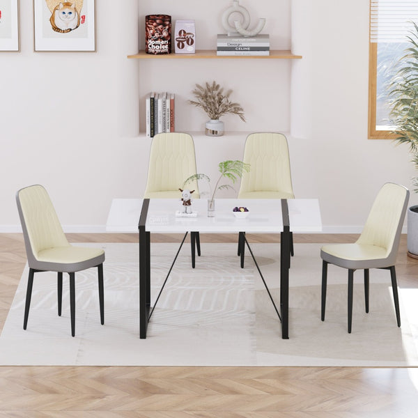 English Elm 55 Inch Industrial Dining Set White Mdf Table Matte Black Legs Four Padded Pu Chairs Beige+Grey,White W2189S00852
