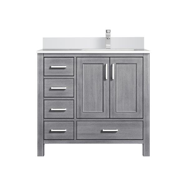 English Elm Distressed Grey 36" Bath Vanity with Right Offset White Quartz Top, Soft-Close Drawers & Faucet Set B2731P259044