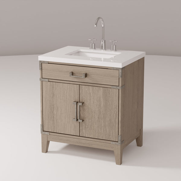 English Elm Grey Grey Oak Single Bath Vanity 30" W x 22" D with White Quartz Top, Soft-Close, Chrome Faucet Set, Storage B2731P259773
