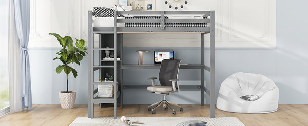 English Elm Full Size Loft Bed With Under-Bed Desk And Stylish Shelves For Space-Saving Bedroom Solutions N7090005004E