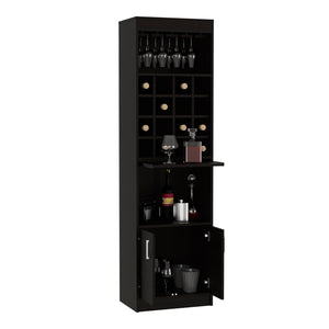 English Elm Kava 71" Bar Cabinet with Concealable Serving Tray, 16 Bottle Cubbies, 12 Glass Rack, Black Finish B200S00104