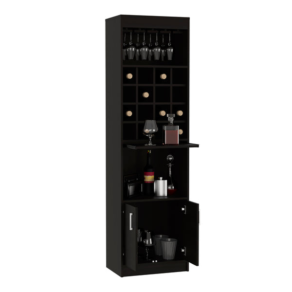 English Elm Kava 71" Bar Cabinet with Concealable Serving Tray, 16 Bottle Cubbies, 12 Glass Rack, Black Finish B200S00104