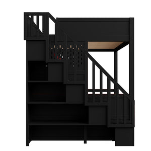 English Elm Gaming Full Loft Bed with Workstation Storage Staircase Led Lights and Usb Port N7090004031B