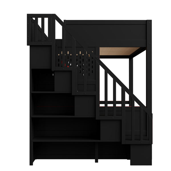 English Elm Gaming Full Loft Bed with Workstation Storage Staircase Led Lights and Usb Port N7090004031B