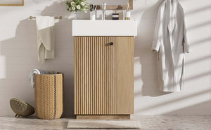 English Elm [video]21.6" Freestanding Bathroom Vanity Ceramic Sink Wavy Door Mdf Cabinet Small Bath Wood N729P285504N