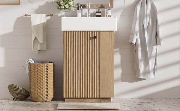 English Elm [video]21.6" Freestanding Bathroom Vanity Ceramic Sink Wavy Door Mdf Cabinet Small Bath Wood N729P285504N