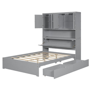 English Elm Full Size Wooden Platform Bed With Usb Charging, Flip-Up Storage Headboard & Under-Bed Drawers N820S00045E