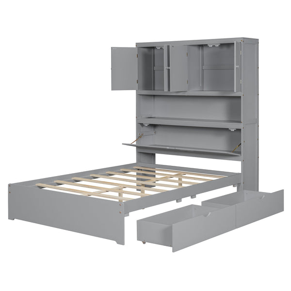 English Elm Full Size Wooden Platform Bed With Usb Charging, Flip-Up Storage Headboard & Under-Bed Drawers N820S00045E