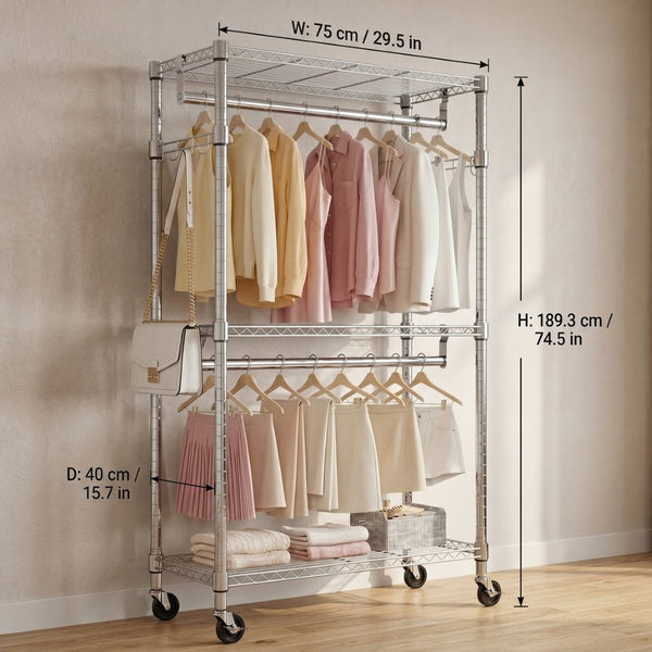English Elm Heavy Duty Carbon Steel Rolling Garment Rack with Wire Shelving Dual Rods and Side Hooks Chrome W5386P480827