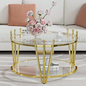English Elm 31.5inch Modern Luxury Gold Coffee Table with Two-Tier Storage, Tempered Glass Top, Elegant Crown Design Clear W1550P171448