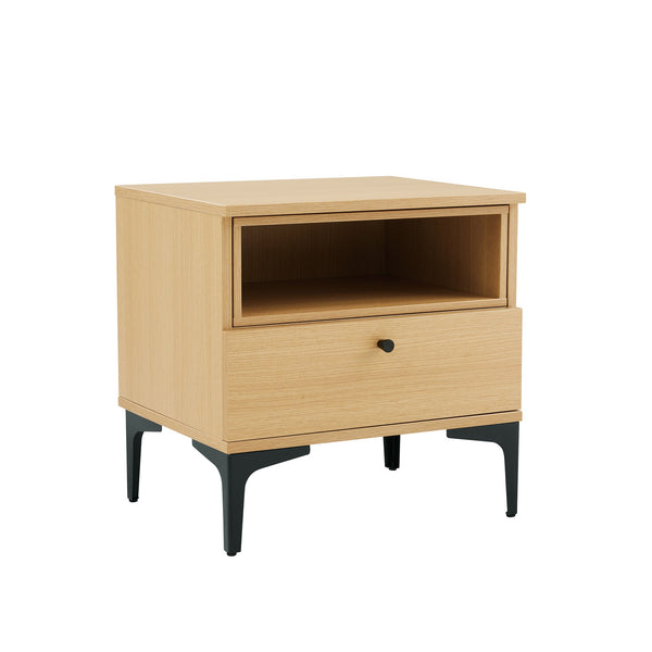 English Elm Amara Mid-Century Nightstand with Open Shelf and Full-Extension Drawer, Black Metal Legs, Compact Light Oak B365P398182
