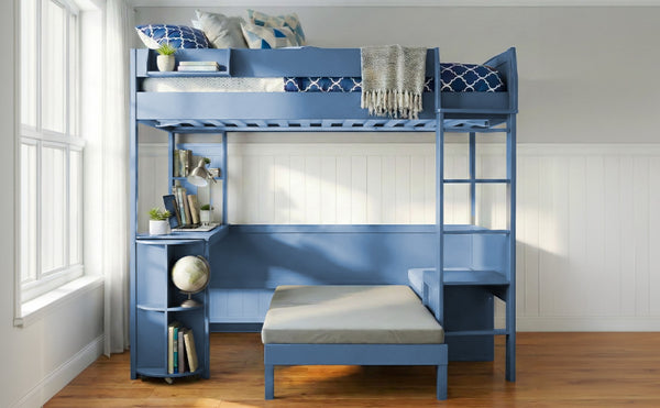 English Elm Full Size Loft Bed with Rotating Desk Led Lighting Sofa and Bookshelf Storage Navy Blue LT000200AAC