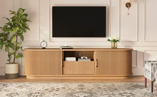 English Elm Vintage Farmhouse Media Console with Slatted Sliding Doors and Brass Hardware for Living Room Natural N721P427206D