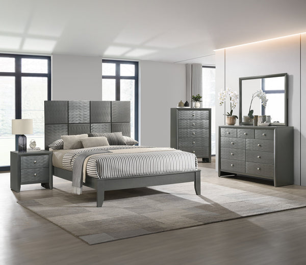 English Elm 1Pc King Size Bed With Sculpted Geometric Headboard - Modern Gray Gunmetal Finish For Stylish Interiors B2741S00284