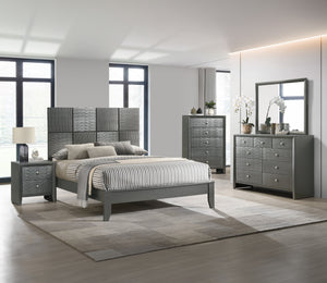 English Elm 1Pc Queen Size Bed With Geometric Textured Panels & Gunmetal Finish - Modern Bedroom Centerpiece B2741S00283