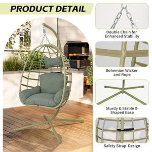 English Elm Egg Hanging Chair with Stand Pe Rattan Swing Seat Washable Cushion Patio Bedroom T5880P497437