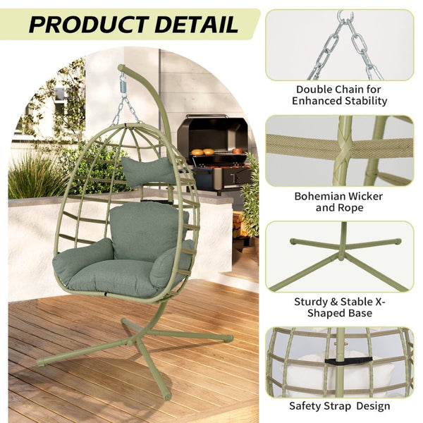 English Elm Egg Hanging Chair with Stand Pe Rattan Swing Seat Washable Cushion Patio Bedroom T5880P497437
