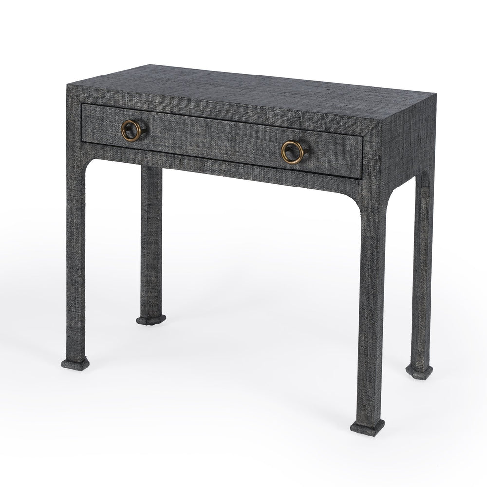 Butler Specialty Chatham Raffia Console Table – Elegant Woven Design With Brass Pulls For Stylish Home Decor Enhancement Charcoal Gmelina Arborea Wood,Mdf,Maple Veneer,Raffia,Aluminum 9146420-butler