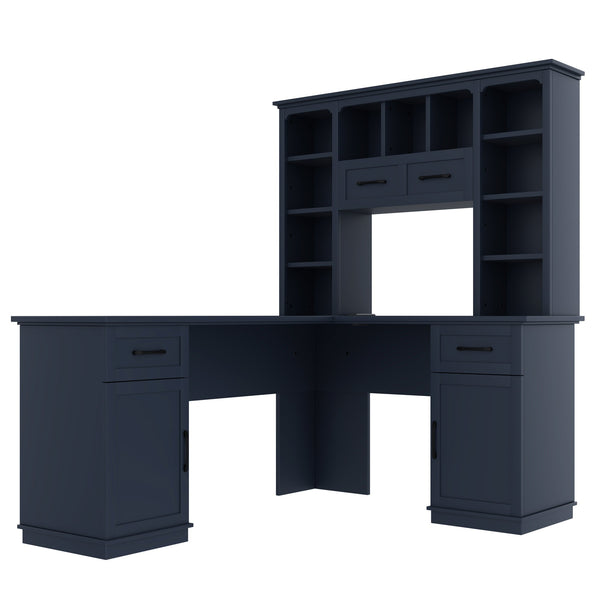 English Elm L-Shaped Corner Desk with 3 Cabinets, 2 Drawers & 11 Shelves, Built-In Power Outlet for Home Office Antique Blue W1580S00190