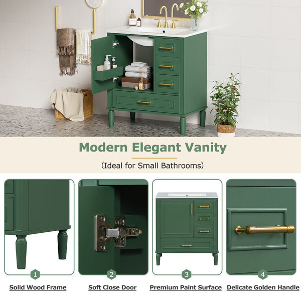 English Elm Traditional 30" Bathroom Vanity with Ceramic Basin, Soft-Close Door & Drawers, Gold Handles, Durable Wood Finish Green N729P184479F