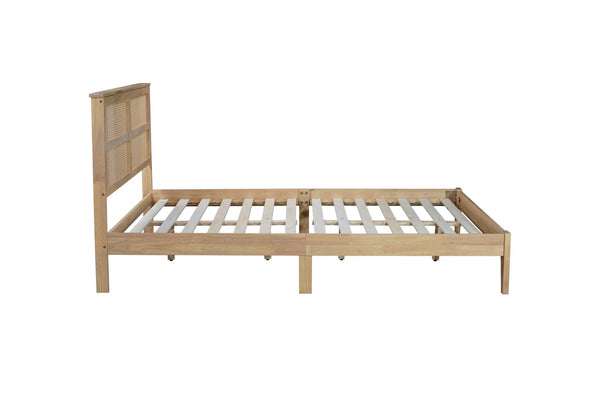 English Elm Queen Platform Bed Solid Rubberwood Arched Rattan Headboard Natural Boho Bedroom W504P380560