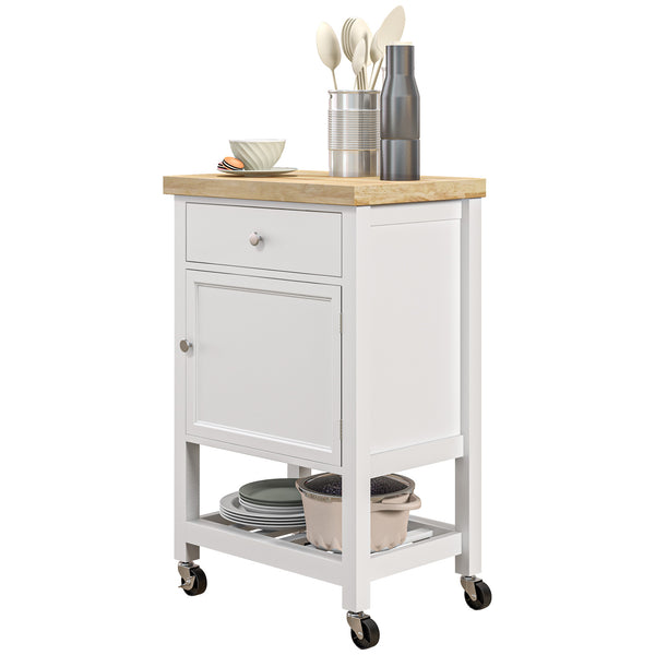 English Elm HOMCOM Rolling Kitchen Cart with Rubberwood Butcher Block Top, Drawer Cabinet Shelf & Towel Rack White W2225P217386