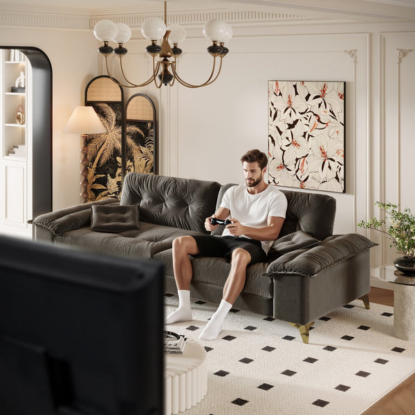 English Elm 104.7 Modern 4-Seat Cloud Sofa with Wide Removable Armrests, Tufted Chenille Comfort & Metal Legs DARK GREY W1885S00183