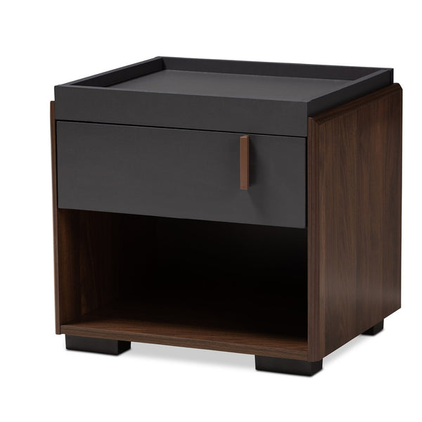 Baxton Studio Baxton Studio Rikke Modern Two-Tone Nightstand with Drawer, Open Shelf & Sleek Metal Handle Design BR3NT304-Columbia/Dark Grey-NS