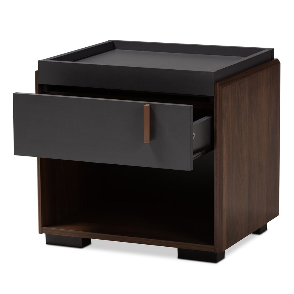 Baxton Studio Baxton Studio Rikke Modern Two-Tone Nightstand with Drawer, Open Shelf & Sleek Metal Handle Design BR3NT304-Columbia/Dark Grey-NS