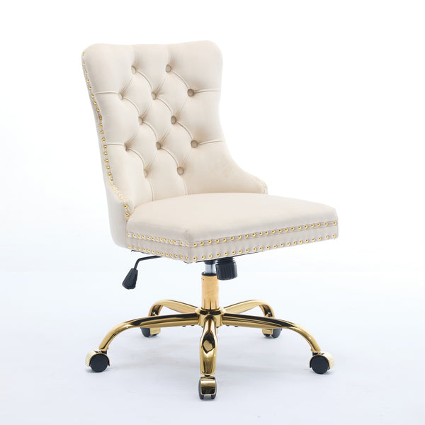 English Elm A&A Velvet Tufted Office Chair with Hand-Pulled Buttons, Nailhead Trim & Golden Metal Base, Luxe Comfort Beige W1143P292466
