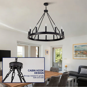 English Elm 12-light Wagon Wheel Chandelier Black Iron Rustic Farmhouse Fixture for Dining Rooms W2991P406726