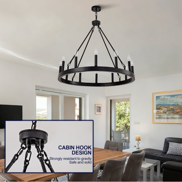 English Elm 12-light Wagon Wheel Chandelier Black Iron Rustic Farmhouse Fixture for Dining Rooms W2991P406726