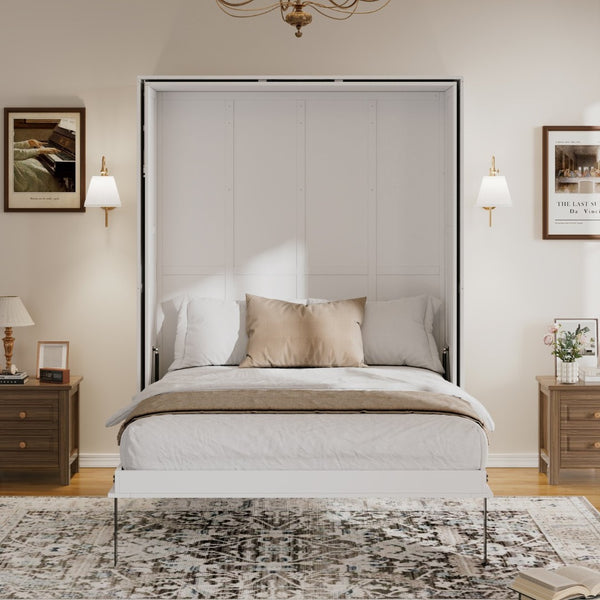 English Elm Rotating Queen Murphy Wall Bed with 14 Open Shelves Hydraulic Lift Space Saving White LP000962AAK