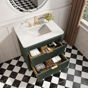 English Elm Fully Assembled 36" Green Bathroom Vanity With Solid Wood, Carrara Marble Top & Soft-Close Features W1826P308980